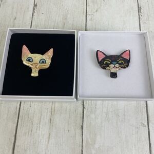 Handmade Cat Catitude Pins Brooch Snowy & Tuxedo Artist Signed Denise Laurent